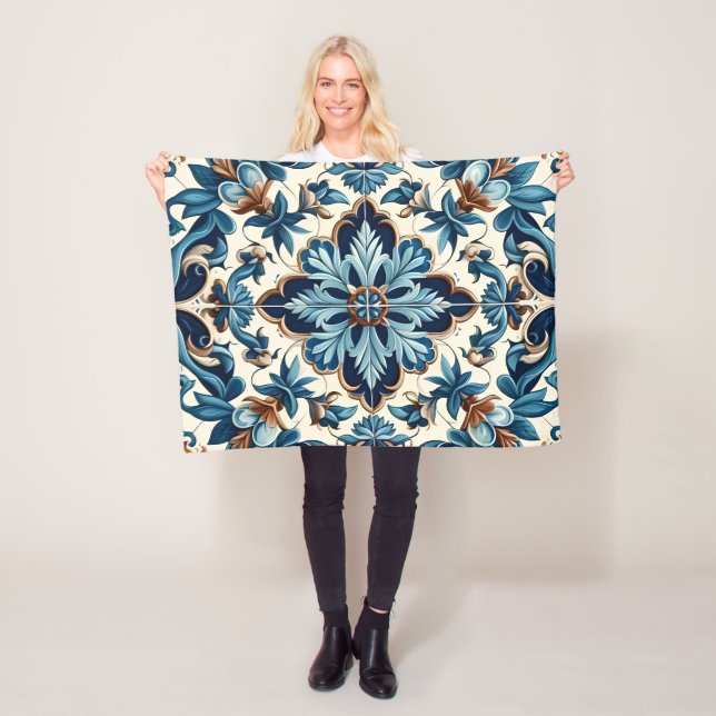 Azulejo Porcelain Blue Tile Mediterranean Pattern Fleece Blanket (In Situ)