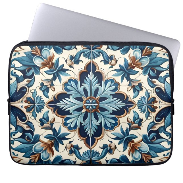 Azulejo Porcelain Blue Tile Mediterranean Pattern Laptop Sleeve (Front)