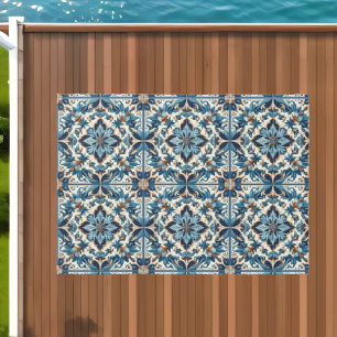 Azulejo Porcelain Blue Tile Mediterranean Pattern Outdoor Rug
