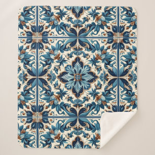 Azulejo Porcelain Blue Tile Mediterranean Pattern Sherpa Blanket