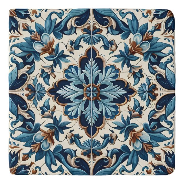 Azulejo Porcelain Blue Tile Mediterranean Pattern Trivet (Front)