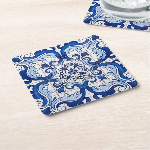 Azulejo Portuguese Glazed Tiles Pattern Square Paper Coaster