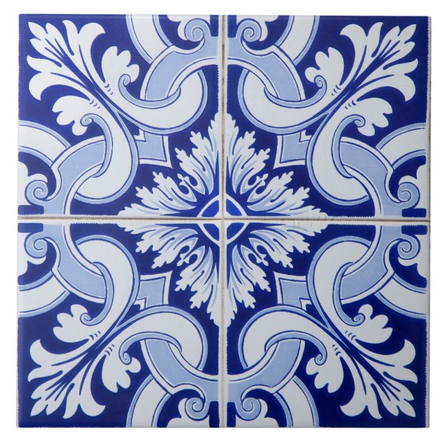 Azulejo Portuguese Mediterranean Blue White  Ceramic Tile (Front)