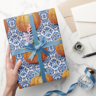 Azulejo pumpkin orange mosaic vintage bulk wrapping paper