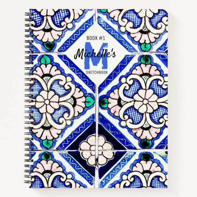 Azulejo Spanish Pattern Tile Navy White Sketchbook Notebook (Front)