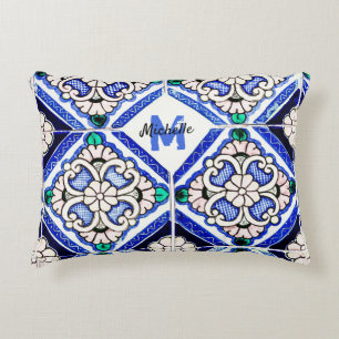 Azulejo Spanish Pattern Tiles Navy White Monogram Accent Pillow