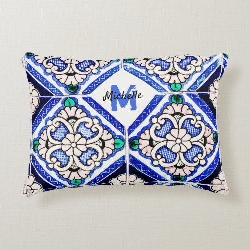 Azulejo Spanish Pattern Tiles Navy White Monogram Accent Pillow