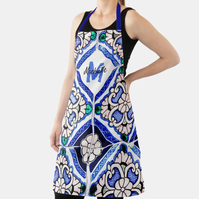 Azulejo Spanish Pattern Tiles Navy White Monogram Apron (Insitu)