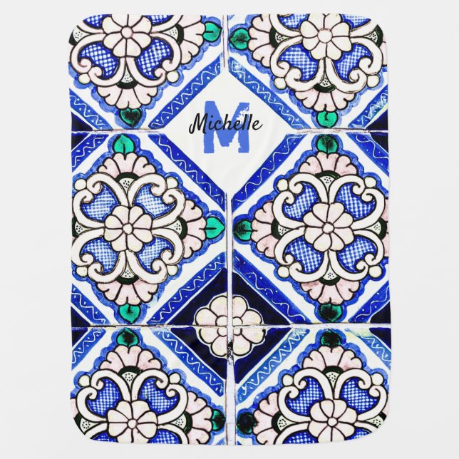 Azulejo Spanish Pattern Tiles Navy White Monogram Baby Blanket (Front)