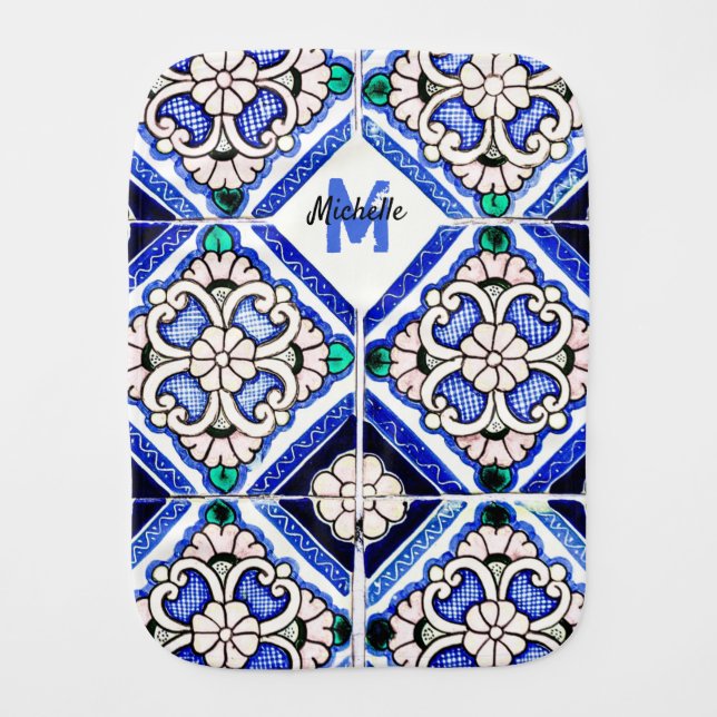 Azulejo Spanish Pattern Tiles Navy White Monogram Baby Burp Cloth (Front)