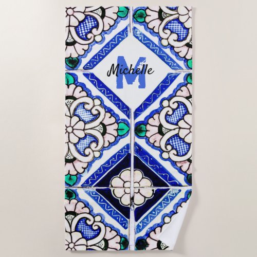 Azulejo Spanish Pattern Tiles Navy White Monogram Beach Towel