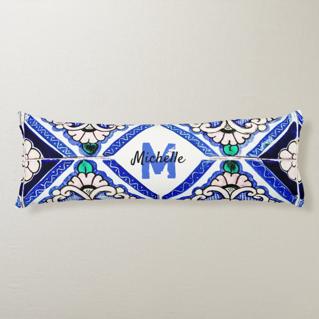 Azulejo Spanish Pattern Tiles Navy White Monogram Body Pillow (Front)