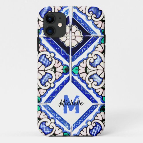 Azulejo Spanish Pattern Tiles Navy White Monogram iPhone 11 Case