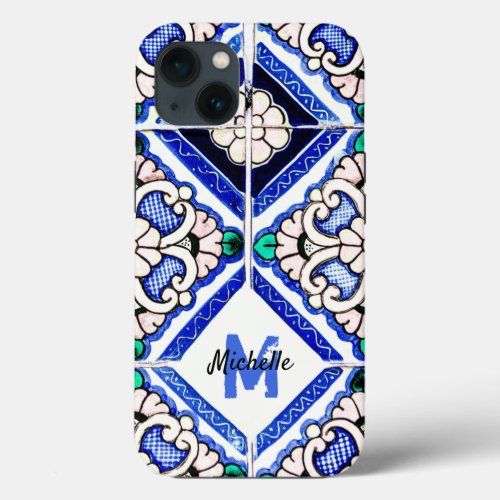 Azulejo Spanish Pattern Tiles Navy White Monogram  iPhone 13 Case