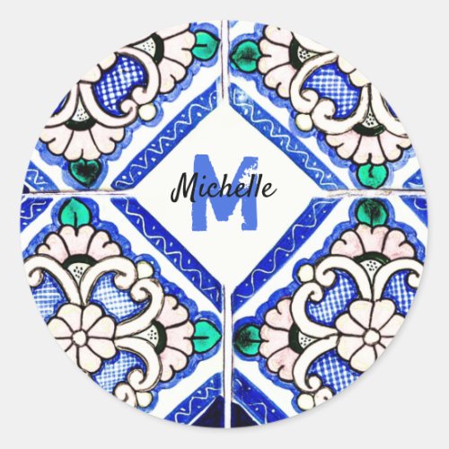 Azulejo Spanish Pattern Tiles Navy White Monogram Classic Round Sticker