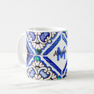 Azulejo Spanish Pattern Tiles Navy White Monogram Coffee Mug