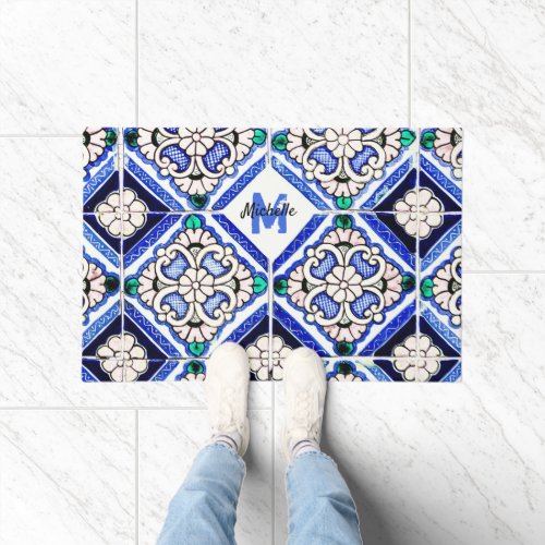Azulejo Spanish Pattern Tiles Navy White Monogram Doormat