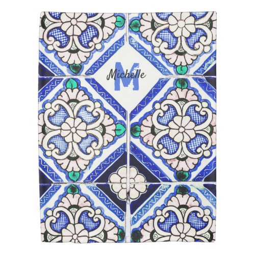 Azulejo Spanish Pattern Tiles Navy White Monogram Duvet Cover