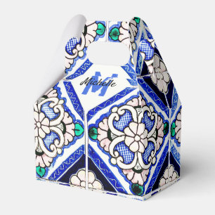 Azulejo Spanish Pattern Tiles Navy White Monogram Favor Boxes