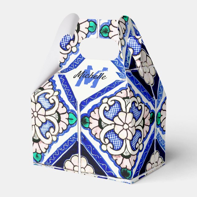 Azulejo Spanish Pattern Tiles Navy White Monogram Favor Boxes (Front Side)