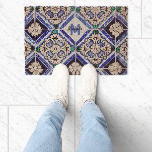 Azulejo Spanish Pattern Tiles Navy White Monogram Fiber Doormat