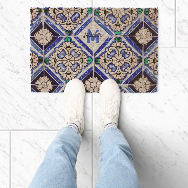 Azulejo Spanish Pattern Tiles Navy White Monogram Fiber Doormat (Insitu)