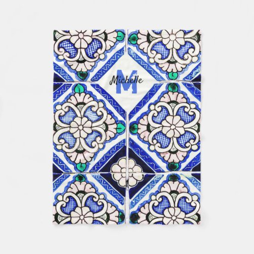 Azulejo Spanish Pattern Tiles Navy White Monogram  Fleece Blanket