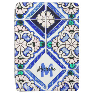 Azulejo Spanish Pattern Tiles Navy White Monogram iPad Air Cover