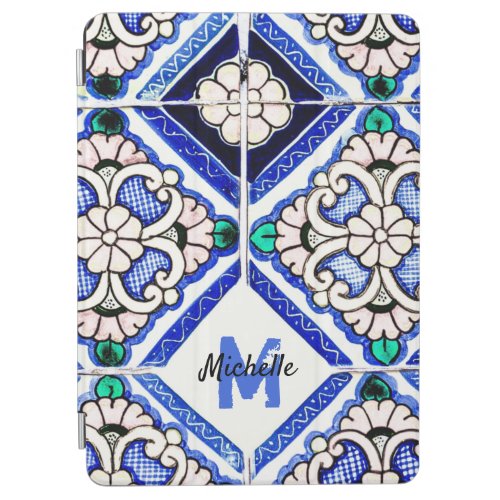 Azulejo Spanish Pattern Tiles Navy White Monogram iPad Air Cover