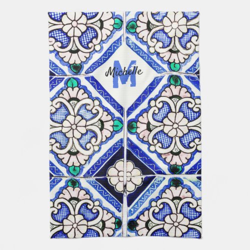 Azulejo Spanish Pattern Tiles Navy White Monogram Kitchen Towel