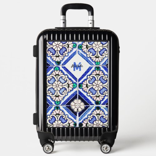 Azulejo Spanish Pattern Tiles Navy White Monogram Luggage