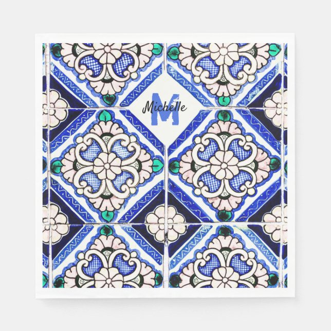 Azulejo Spanish Pattern Tiles Navy White Monogram Napkins (Front)