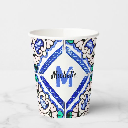 Azulejo Spanish Pattern Tiles Navy White Monogram Paper Cups