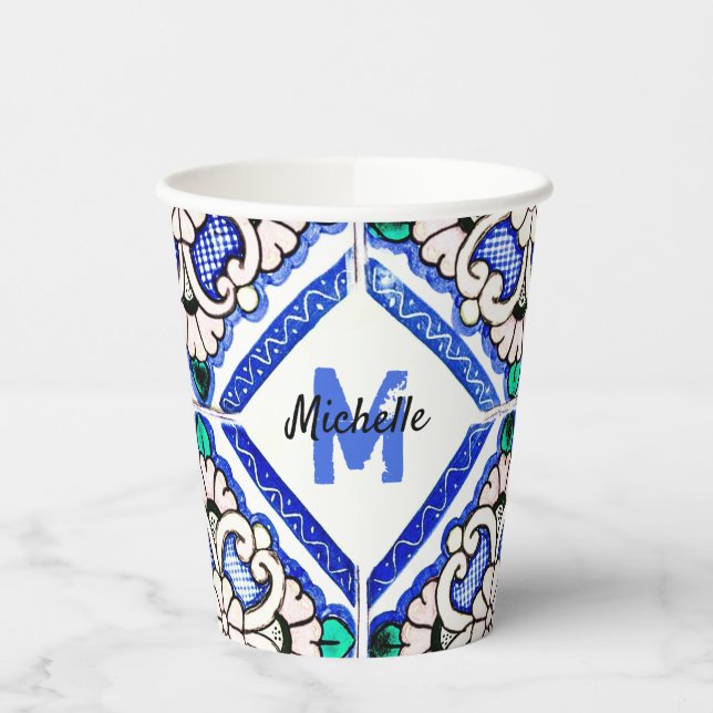 Azulejo Spanish Pattern Tiles Navy White Monogram Paper Cups (Left)
