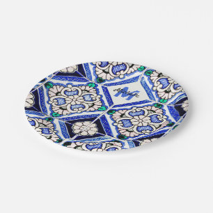 Azulejo Spanish Pattern Tiles Navy White Monogram Paper Plates