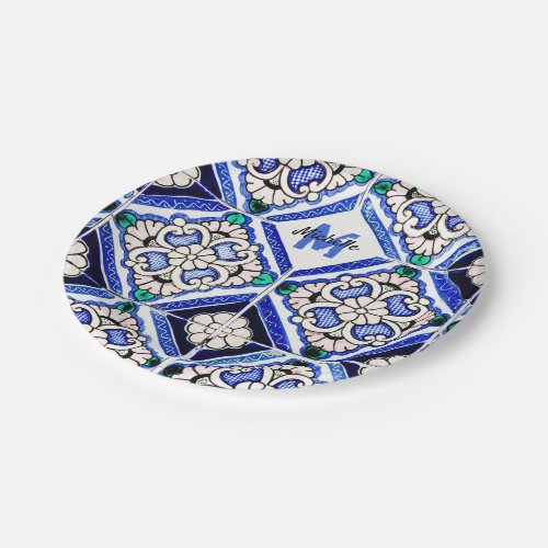 Azulejo Spanish Pattern Tiles Navy White Monogram Paper Plates