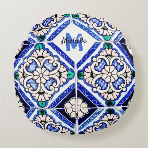 Azulejo Spanish Pattern Tiles Navy White Monogram Round Pillow
