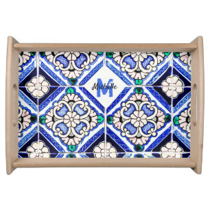 Azulejo Spanish Pattern Tiles Navy White Monogram Serving Tray