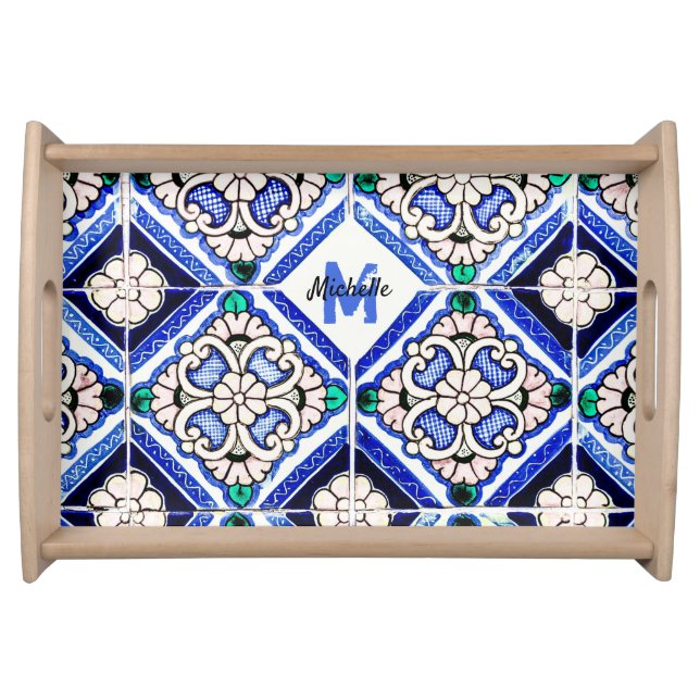 Azulejo Spanish Pattern Tiles Navy White Monogram Serving Tray (Front)