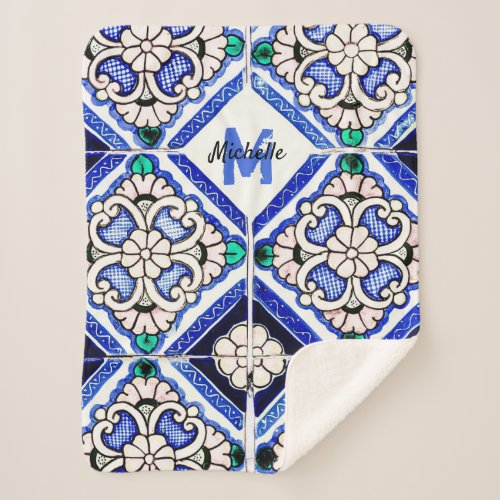 Azulejo Spanish Pattern Tiles Navy White Monogram Sherpa Blanket