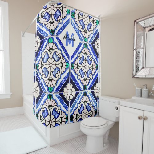 Azulejo Spanish Pattern Tiles Navy White Monogram Shower Curtain