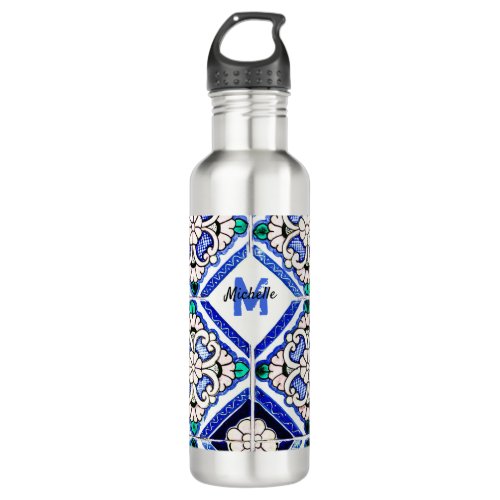 Azulejo Spanish Pattern Tiles Navy White Monogram Stainless Steel Water Bottle