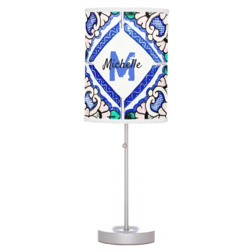 Azulejo Spanish Pattern Tiles Navy White Monogram Table Lamp