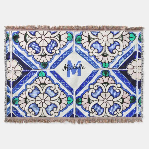 Azulejo Spanish Pattern Tiles Navy White Monogram Throw Blanket