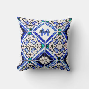 Azulejo Spanish Pattern Tiles Navy White Monogram Throw Pillow