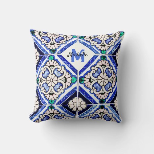 Azulejo Spanish Pattern Tiles Navy White Monogram Throw Pillow