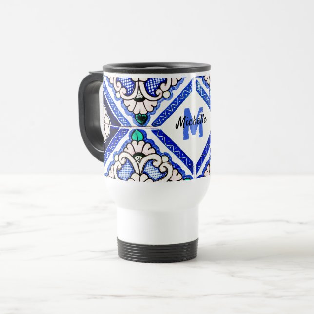 Azulejo Spanish Pattern Tiles Navy White Monogram Travel Mug (Front Left)