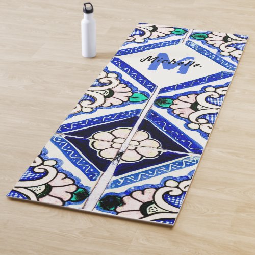 Azulejo Spanish Pattern Tiles Navy White Monogram Yoga Mat