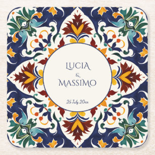Azulejo Talavera blue Mediterranean wedding favors Square Paper Coaster