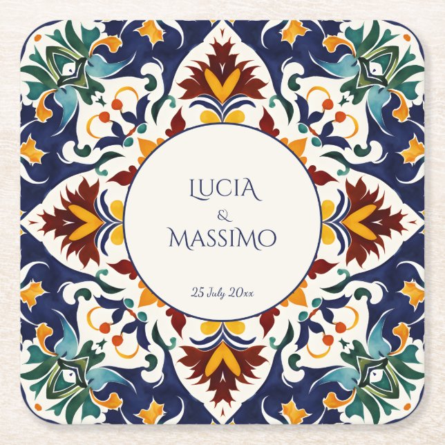 Azulejo Talavera blue Mediterranean wedding favors Square Paper Coaster (Front)